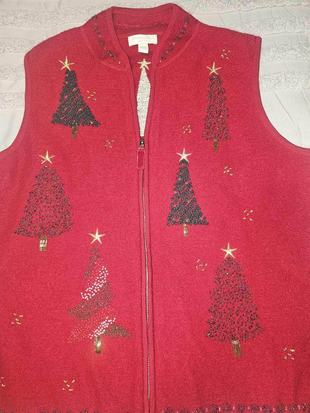 Charter Club Petite Red 100% Wool Beaded Christmas Tree Vest - Petite Medium
